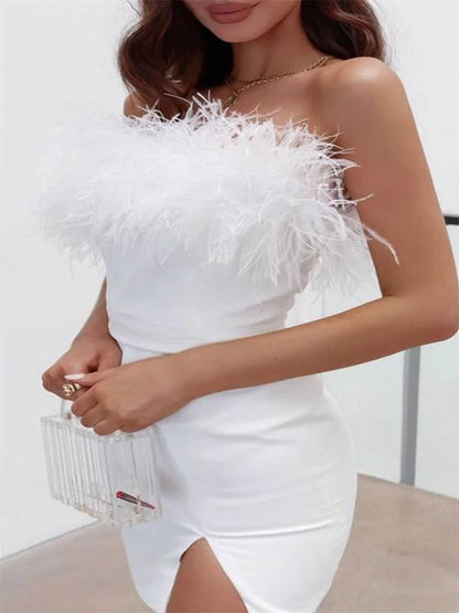 Elegant Feather Fur Hem Patchwork Mini Dresses