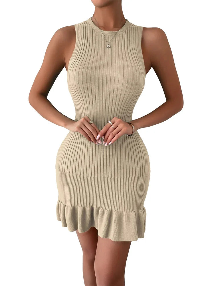 Ribbed Ruffles Hem Sleeveless Tank Mini Dresses