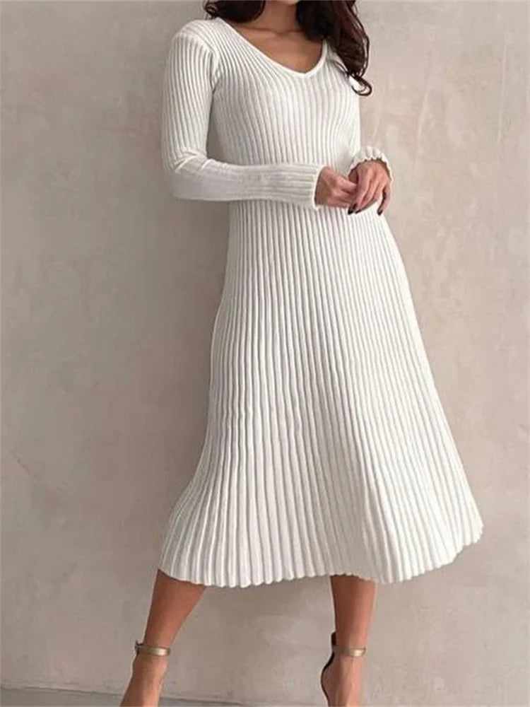 Knitted Ribbed Long Sleeve Slim Fit Solid Autumn Mid Midi Dress Main image