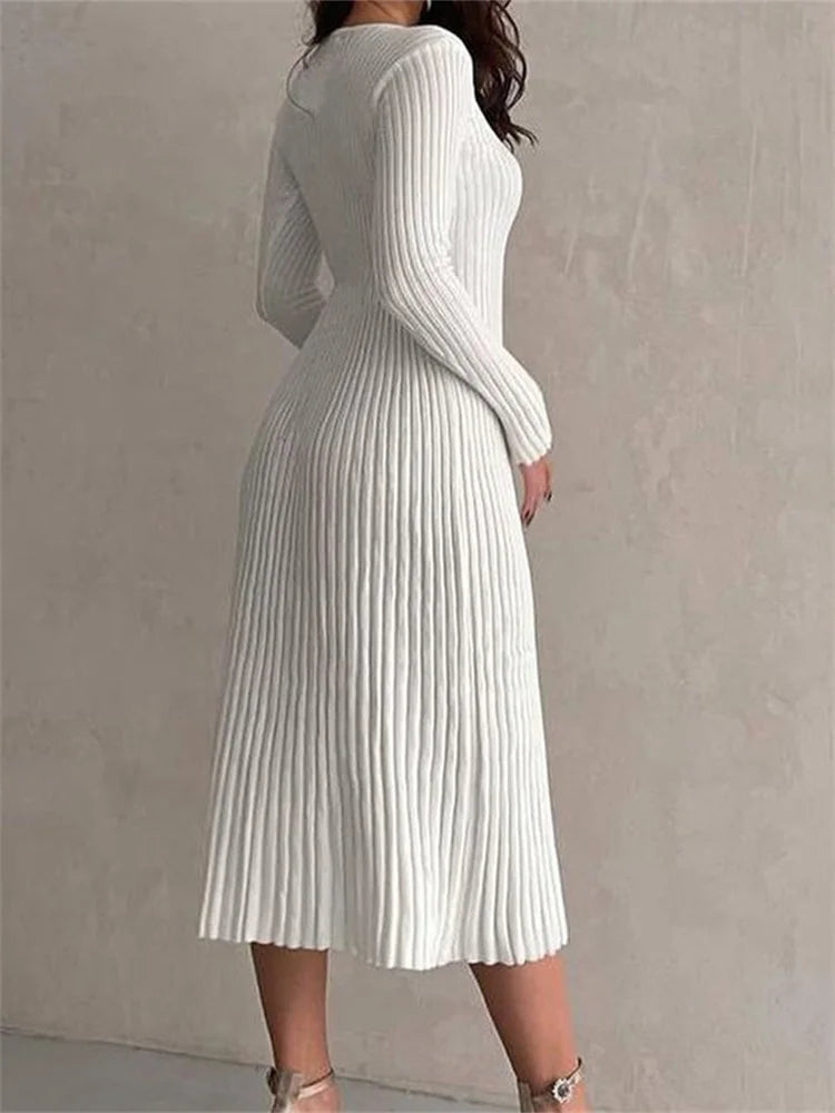 Knitted Ribbed Long Sleeve Slim Fit Solid Autumn Mid Midi Dress Secondary image