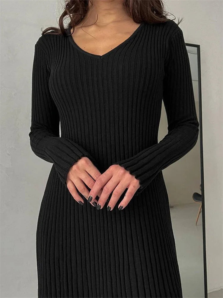 Knitted Ribbed Long Sleeve Slim Fit Solid Autumn Mid Midi Dress
