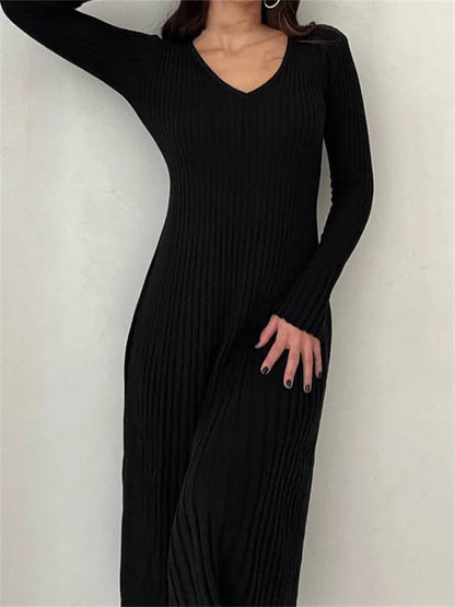 Knitted Ribbed Long Sleeve Slim Fit Solid Autumn Mid Midi Dress