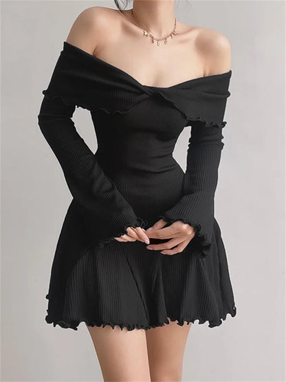 Long Flare Sleeve Ribbed Slash Neck Mini Dresses