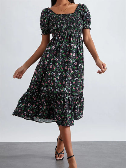 Retro Summer Floral Print Square Neck Short Puff Sleeve Ruched Midi Dress