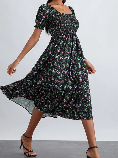 Retro Summer Floral Print Square Neck Short Puff Sleeve Ruched Midi Dress