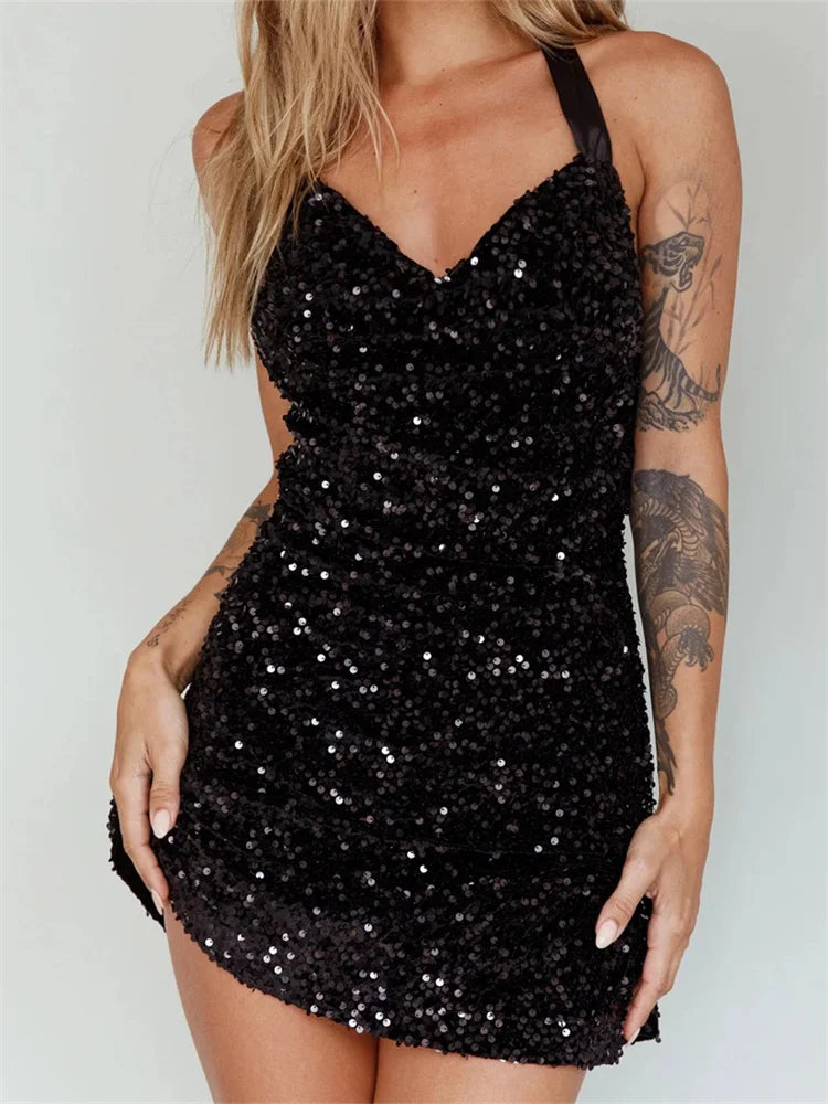 Glitter Halter Party Sexy Sequined Tie-Up Mini Dresses