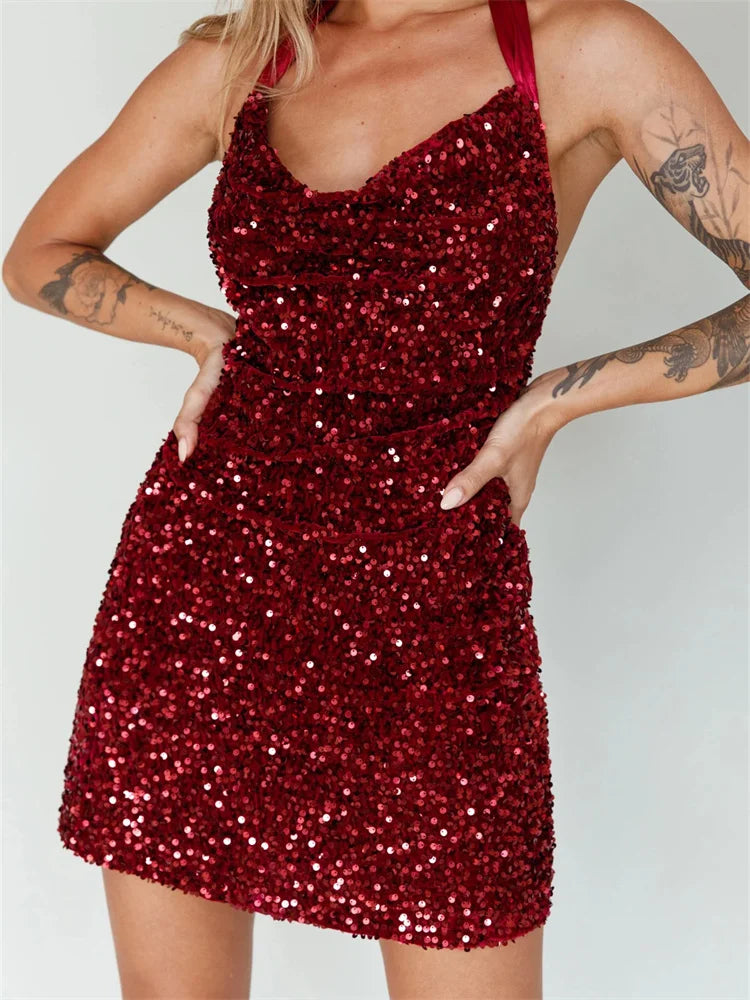 Glitter Halter Party Sexy Sequined Tie-Up Mini Dresses