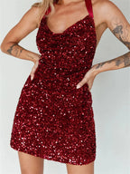 Glitter Halter Party  Sequined Tie-Up Mini Dresses