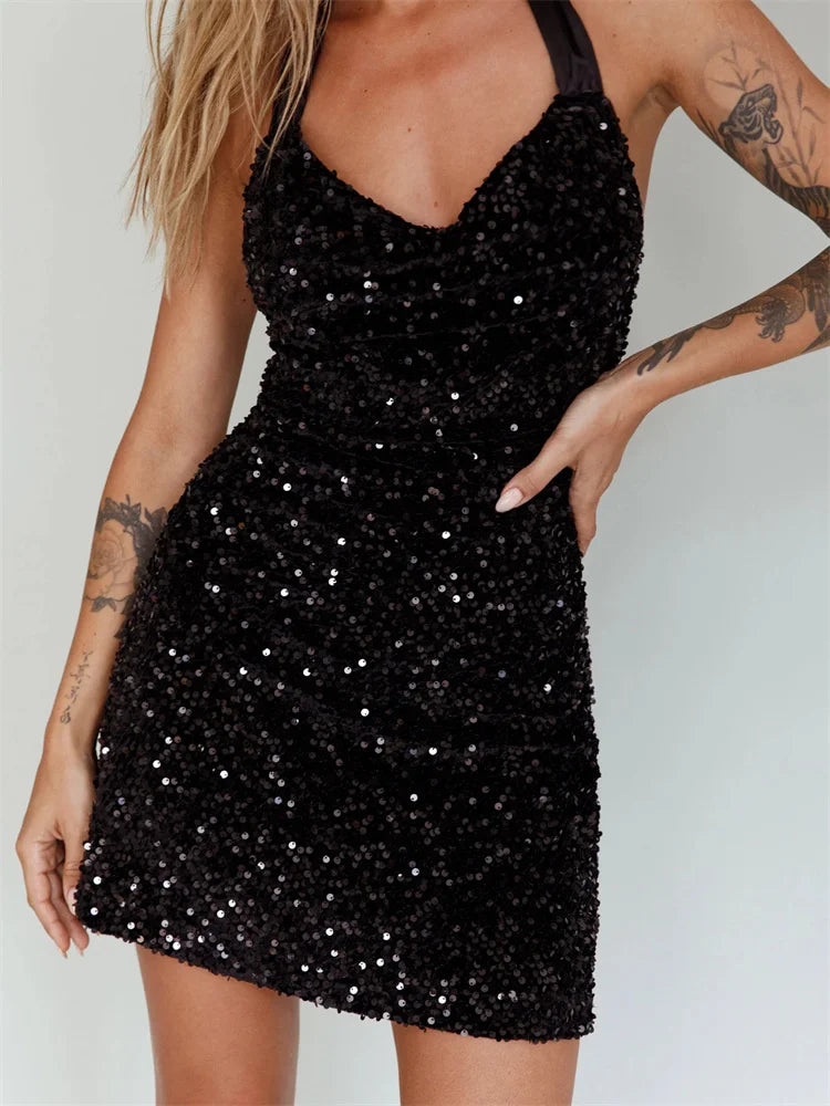 Glitter Halter Party  Sequined Tie-Up Mini Dresses Main image