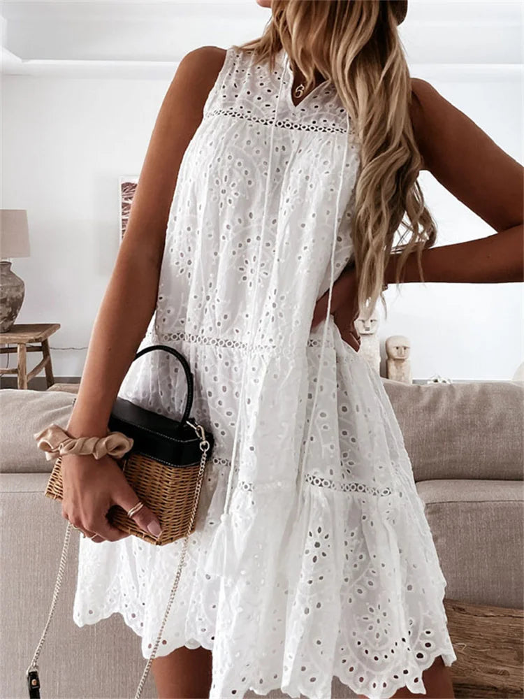 Boho Plain Lace Hollow Out Party Mini Dresses