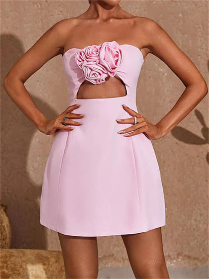 Cutout Backless Aesthetic 3D Flowers Patchwork Strapless Mini Dresses
