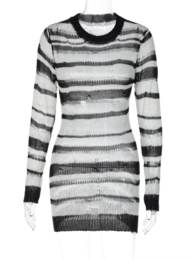 Grunge Striped Crochet Knitted Bodycon Mini Dresses Secondary image
