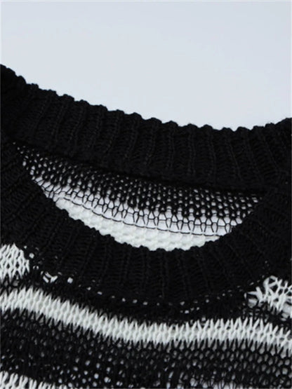 Grunge Striped Crochet Knitted Bodycon Mini Dresses
