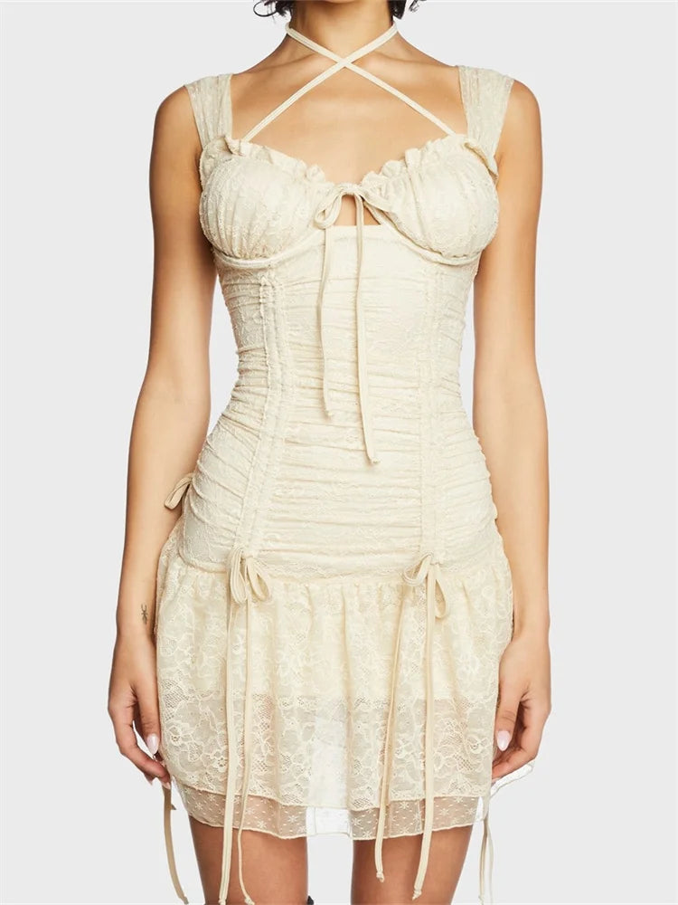 Lace Floral Ruched Sleeveless Strap Mini Dresses Main image