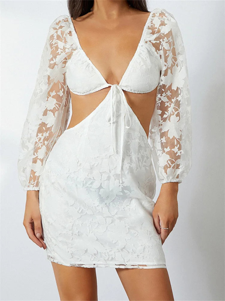Long Sleeve V Neck Tie-up Backless Floral See Through Mini Dresses Main image