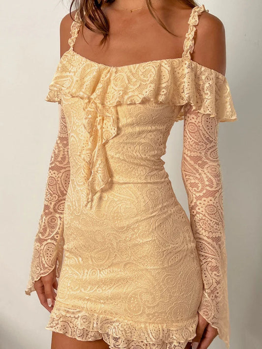 Romantic Lace Off-Shoulder Ruffled Mini Dresses