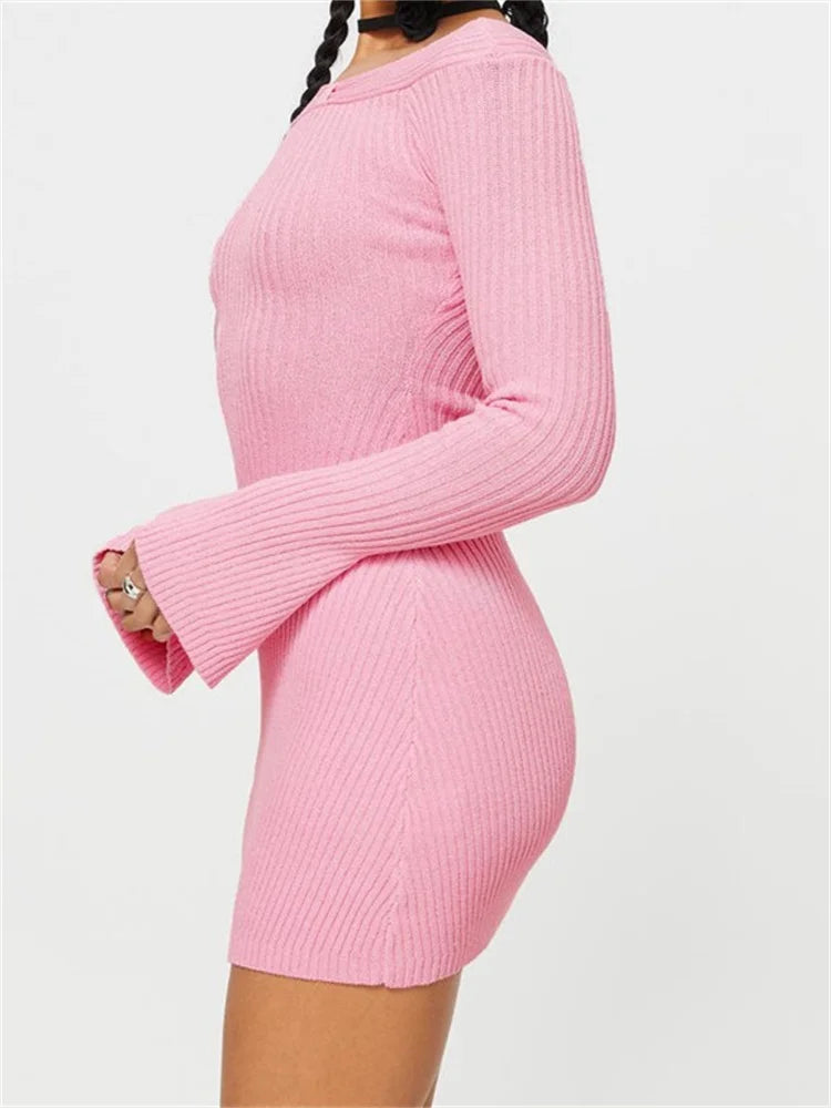 Ribbed Knitted Off Shoulder Long Sleeve Mini Dresses