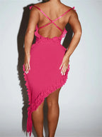 Ruffles Deep V-neck Asymmetrical Hem Party Mini Dresses