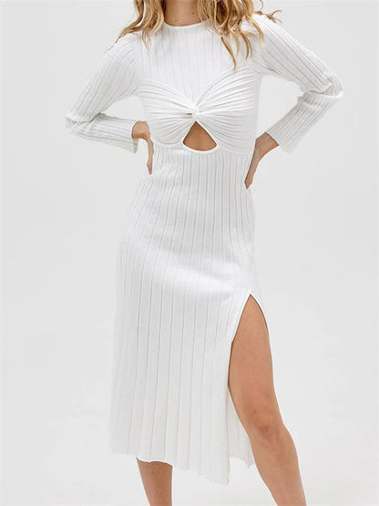 Spring Autumn Knitted Ribbed Long Sleeve Hollow Out Slim Midi Dress
