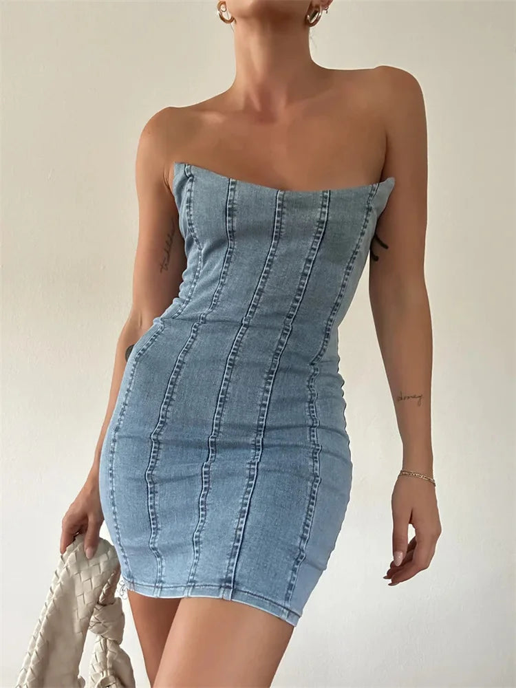Denim Off Shoulder Slim Pencil Mini Dresses Main image