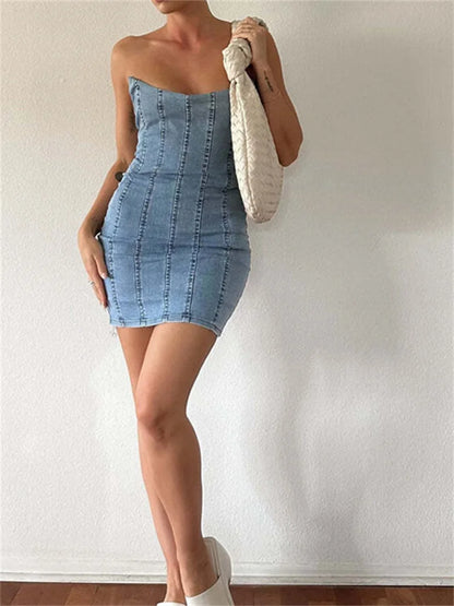 Sexy Denim Off Shoulder Slim Pencil Mini Dresses