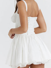 Lace Floral Square Neck Tie-up Mini Dresses