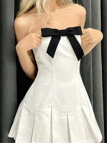 Bowknot Patchwork Strapless Off Shoulder Tube Mini Dresses