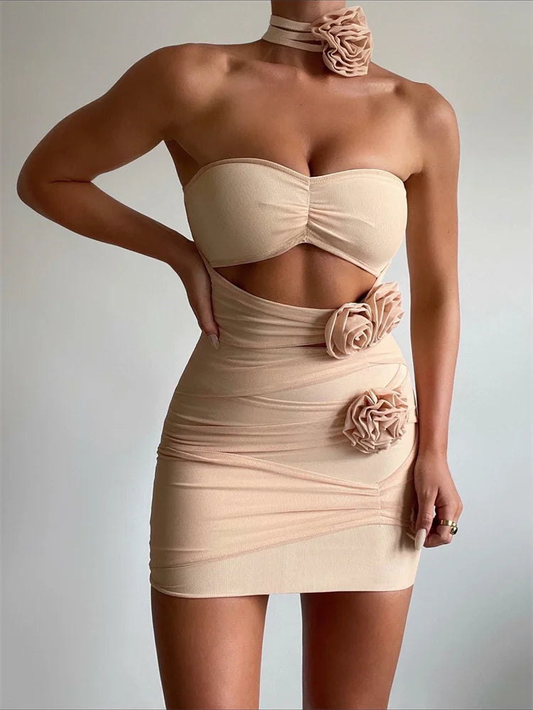 3D Flower Hollow Out Slim Party Mini Dresses Main image