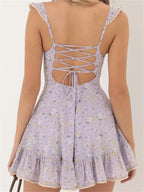 Vintage Floral Print Criss-cross Tie-up Mini Dresses