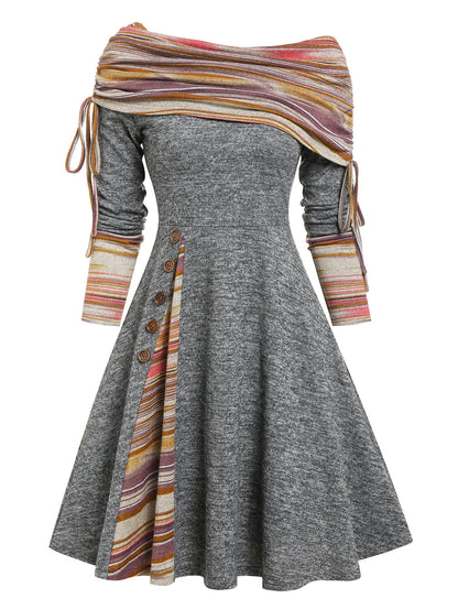 Convertible Striped Foldover Elegant Off-Shoulder Knitted Dresses