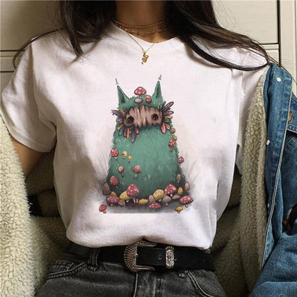 Cute Cartoon Cat Mushroom Print Women T Shirt