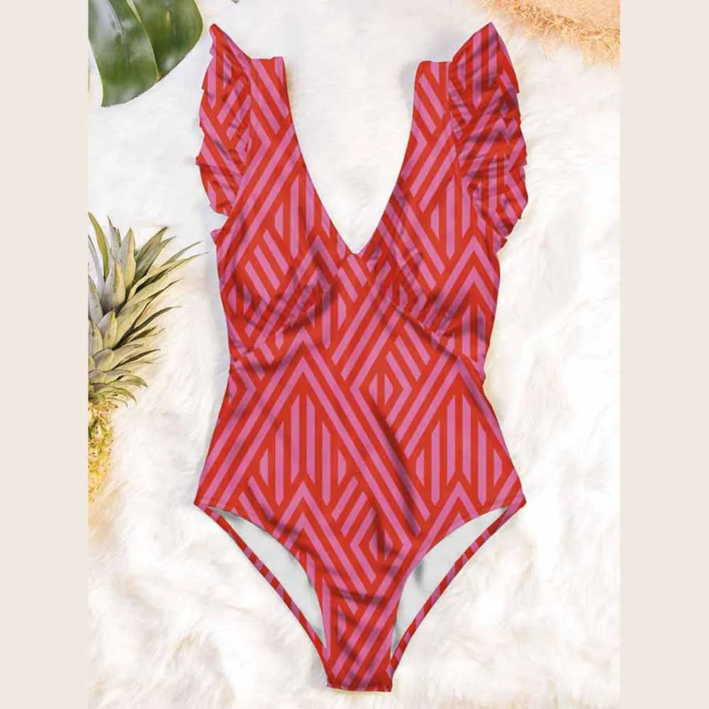 Luxury Ruffle Deep V Micro Monokini Basic Swimsuit
