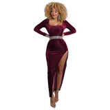 Elegant Velvet High Waist Slit Maxi Dress Sexy Long Sleeve Evening Party Dress