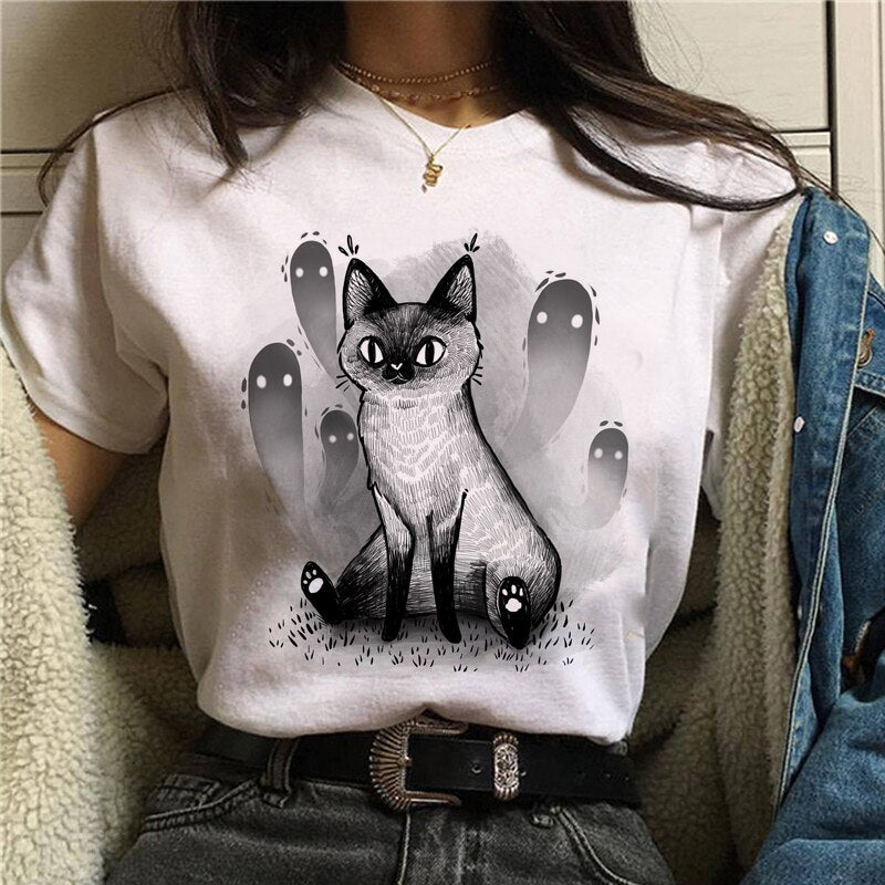 Cute Cartoon Cat Mushroom Print Women T Shirt