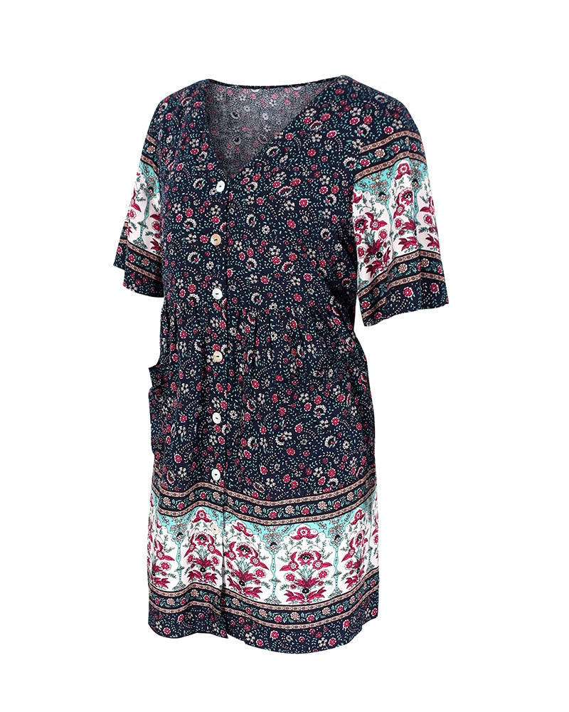 New Floral Print Summer Casual V Neck Bohemian Short Sleeve Dress For Woman