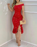 Elegant Sexy Glitter Off-Shoulder Ruffles Slit Midi Dress Sexy Party Solid Dress