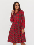 Vintage Scottish Plaid Shirt Dress Long Sleeve Turn-down Collar Belt Button A-line Casual Dresses