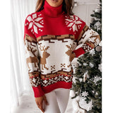 Christmas Turtleneck Sweaters Long Sleeve Elk Snowflake Pattern Pullovers Loose