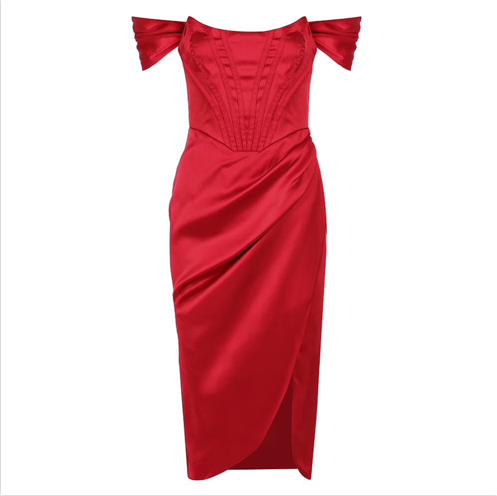 Runway Fashion Sexy Off-Shoulder Split Red Corset Dress