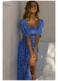 Midi Dress Vintage Floral Print Split Blue Sundress Elegant Party Beach Dress