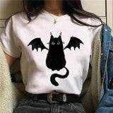 Women T-shirt Cartoon Cat Mushroom Halloween Print T-shirts