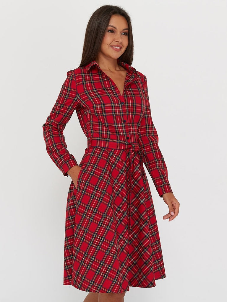 Vintage Scottish Plaid Shirt Dress Long Sleeve Turn-down Collar Belt Button A-line Casual Dresses