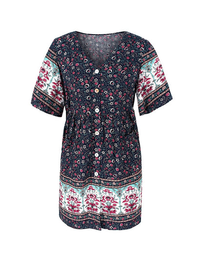 New Floral Print Summer Casual V Neck Bohemian Short Sleeve Dress For Woman