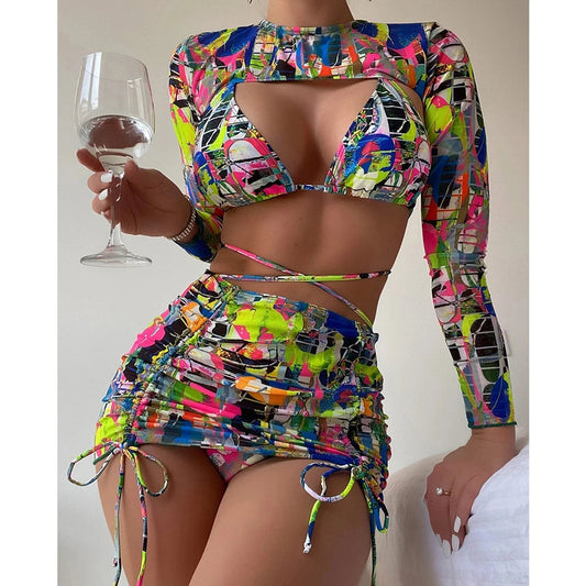 High Waist Drawstring Print Bikini Set Basic Swimsuit