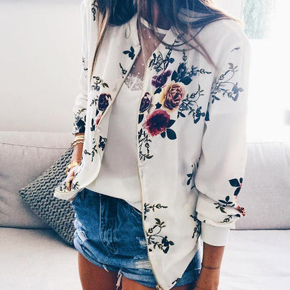 Flower Print Long Sleeve Zipper Jacket