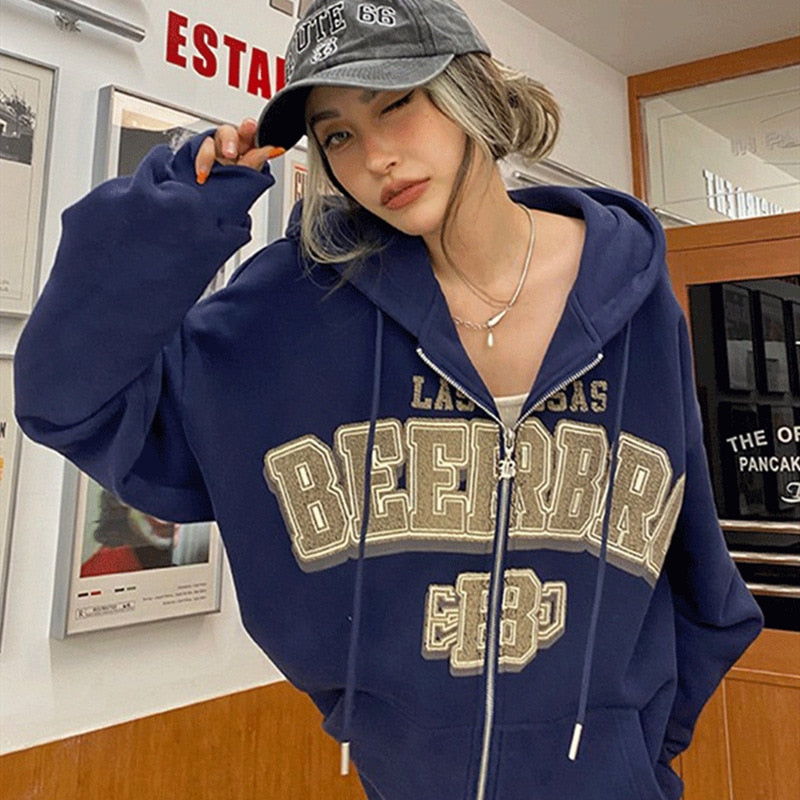 DressBetty - Letter Embroidery Vintage Loose Zipper Hoodies