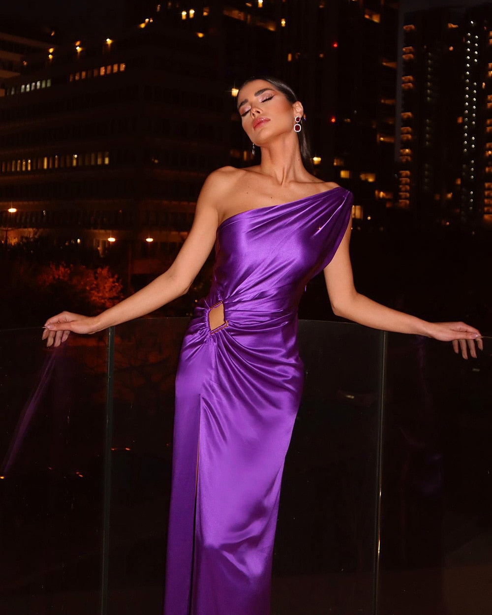 Purple One Shoulder Sexy Skinny Draped Sleeveless Sequin Slit Long Celebrity Party Dress