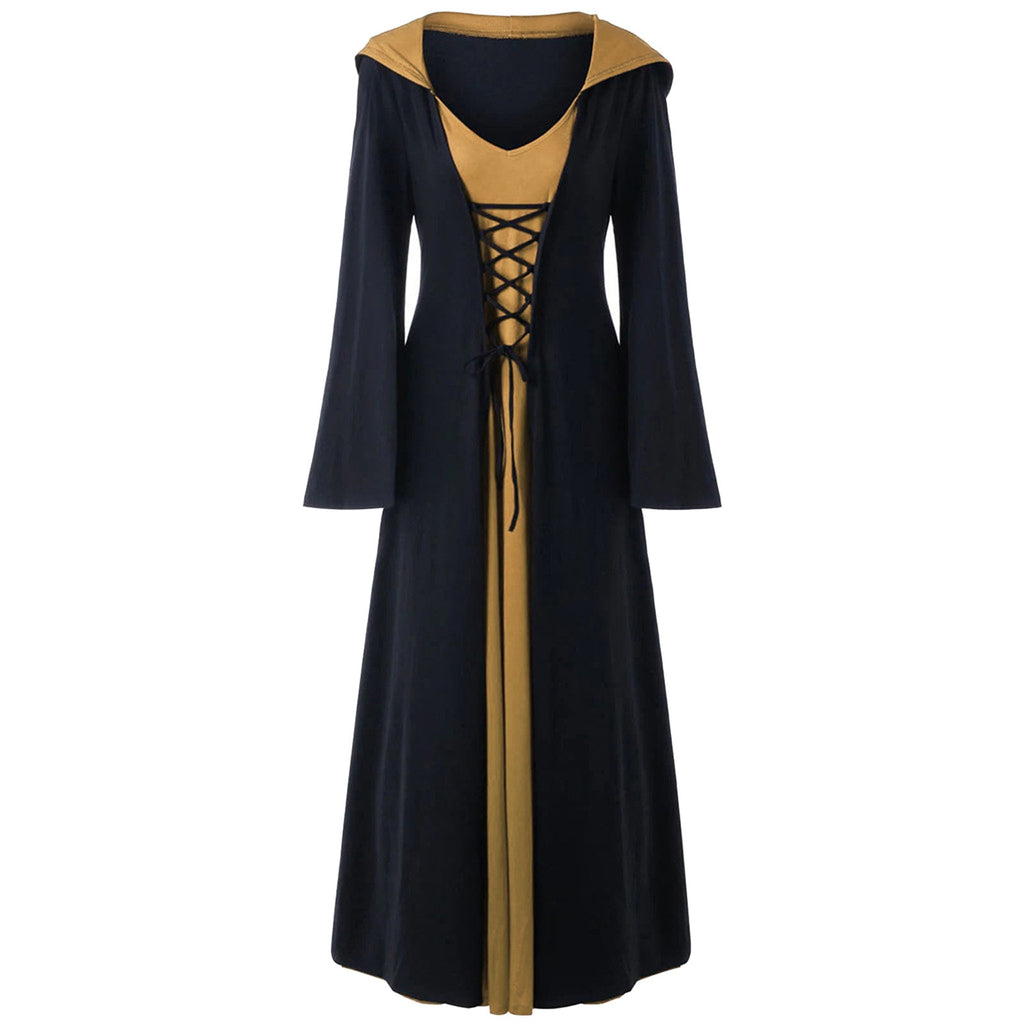 Retro Christmas Costume Plus Size Hooded Lace Up Patchwork Dress