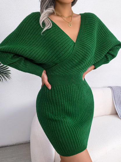 Sweater Dresses Formal Deep V Neck Mini Sexy Dress Batwing Long Sleeve Knitted Winter Dresses