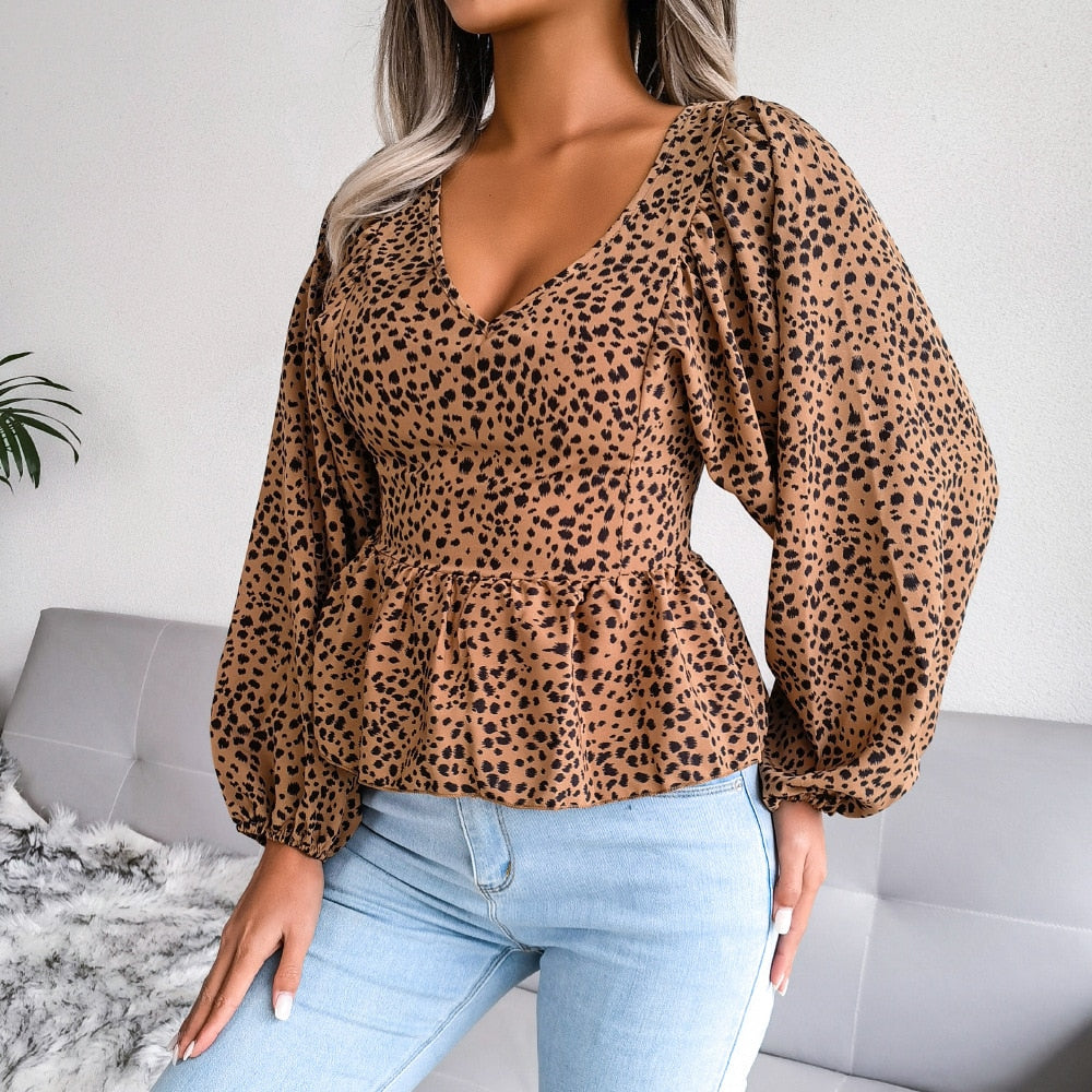 Summer Leopard Print Chiffon Shirt, Fashion V-Neck Lantern Long Sleeve Ruffle Hem Top